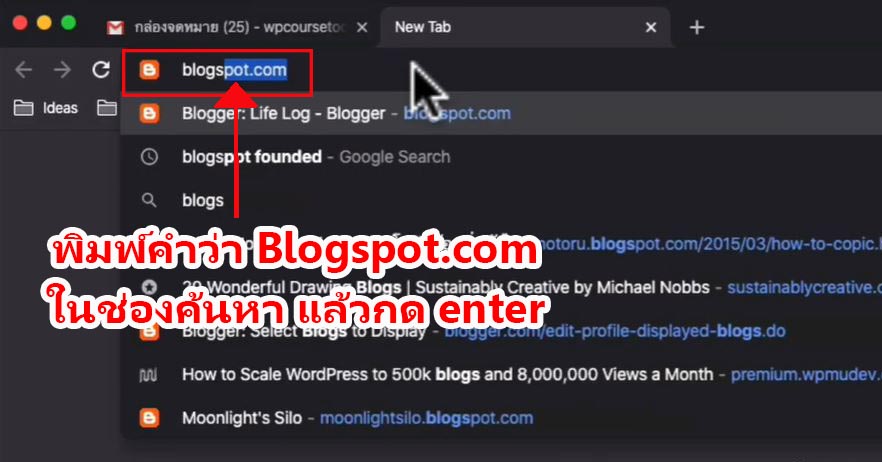 พิมพ์คำว่า Blogspot.com ในช่องค้นหา